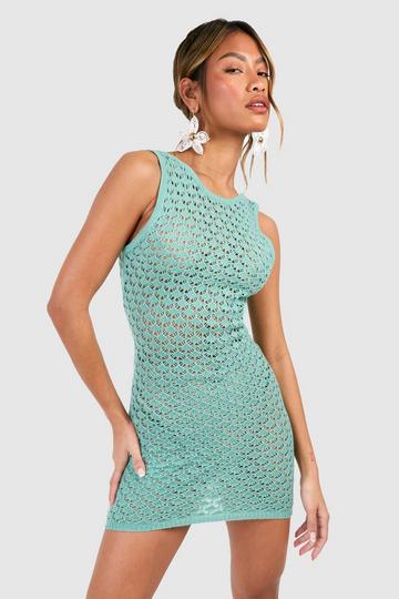 Turquoise Blue Chunky Crochet Scoop Back Mini Dress