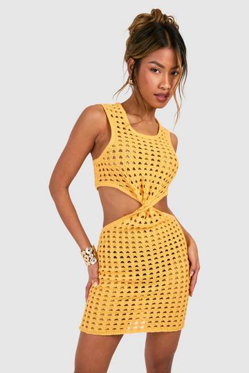 Gold Metallic Twist Front Crochet Mini Dress