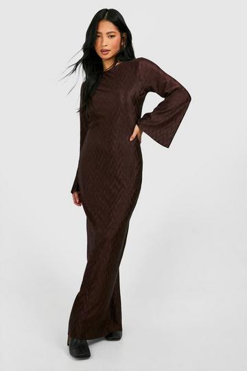 Chocolate Brown Petite Textured Plisse Flare Sleeve Maxi Dress