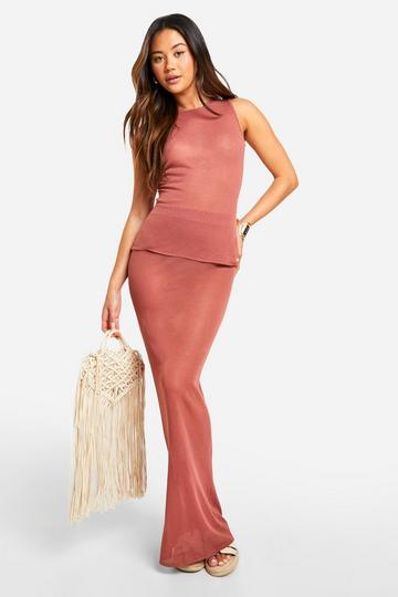 Sheer Fine Knit Slouchy Vest And Maxi Skirt Set clay