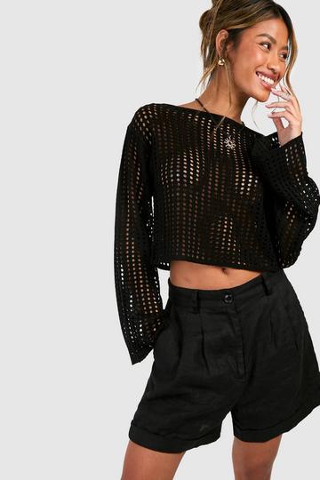 Flare Sleeve Crochet Top black