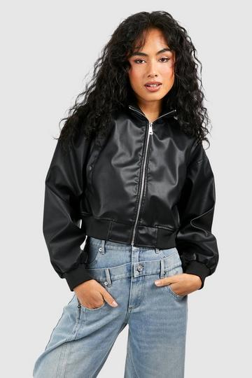 Cropped Faux Leather Zip Bomber Jacket black