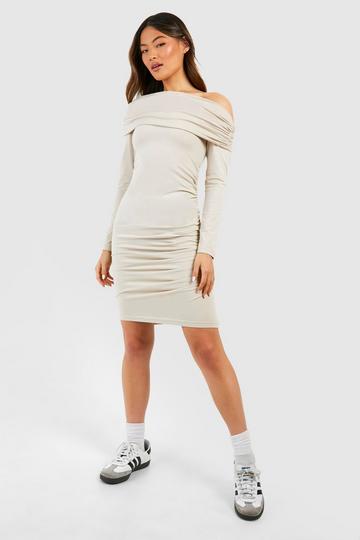 Assymetric Ruched Long Sleeve Mini Dress stone