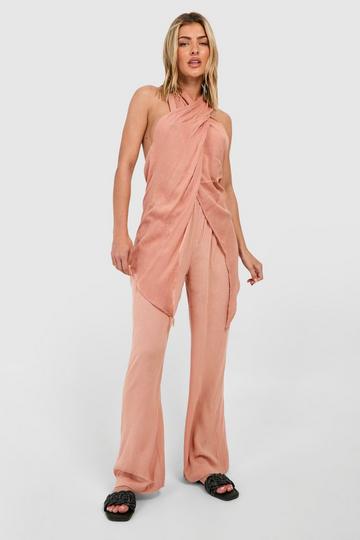 Cheesecloth Cross Over Top & Pants Beach Two-Piece tan
