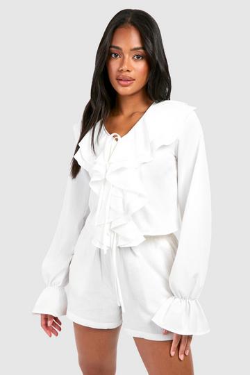 White Ruffle Tie Front Blouse