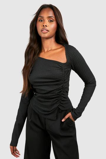 Textured Ruched Long Sleeve Top black