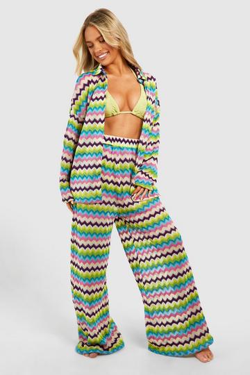 Zig Zag Knitted Wide Leg Beach zip-up Trousers white