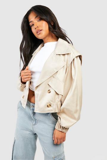 Petite Oversized Shoulder Detail Crop Trench stone