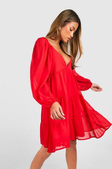 Red Chiffon Mini Smock Dress