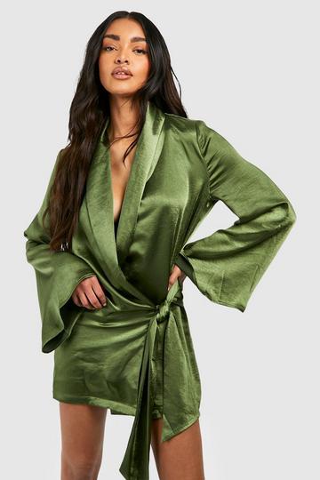 Olive Green Satin Wrap Shirt Dress