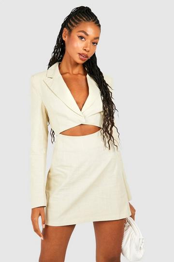 Cream White Linen Cut Out Waist Blazer Dress
