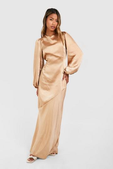 Gold Metallic Bridesmaid Satin Blouson Sleeve Maxi Dress