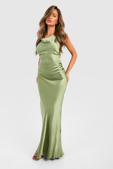 Olive Green Bridesmaid Satin High Neck Maxi Dress