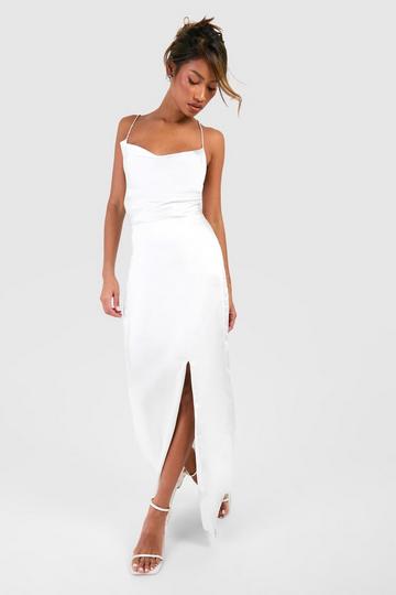 Ivory White Satin Rhinestone Strap Maxi Slip Dress