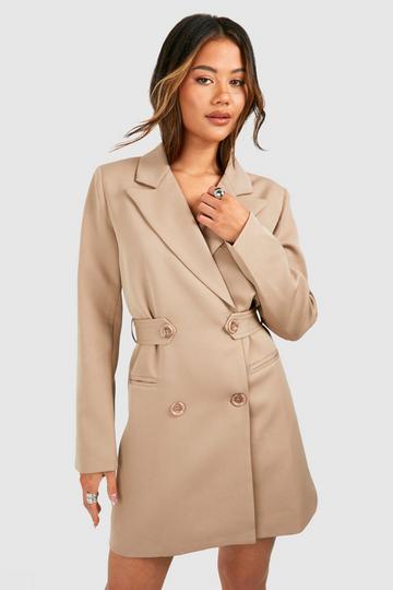 Stone Beige Double Breasted Cinched Waist Blazer Dress