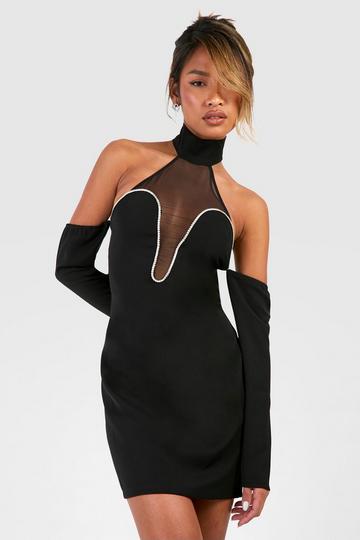 Rhinestone Trim Halter Mini Dress black