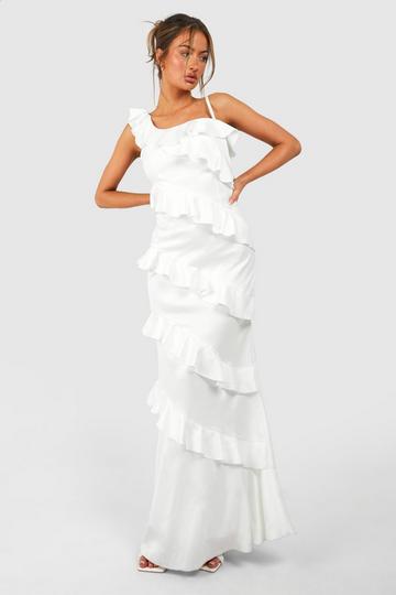 Ivory White Satin Ruffle Asymmetric Maxi Dress