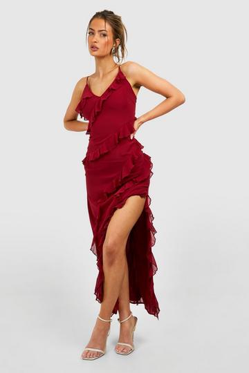 Chiffon Ruffle Maxi Slip Dress burgundy