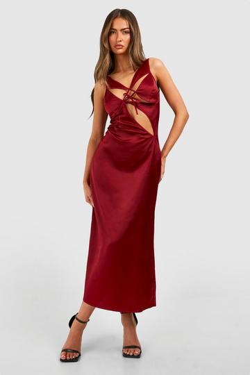 Burgundy Red Satin Cut Out Midi Slip Dress