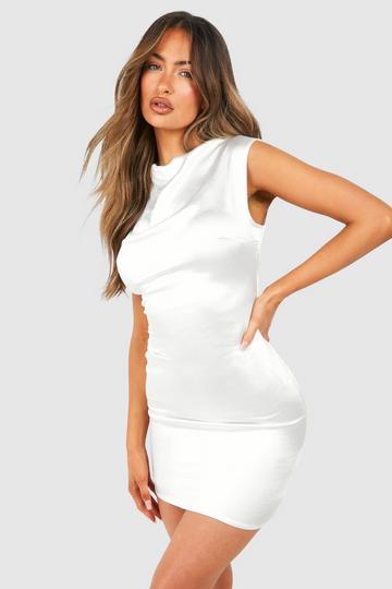 Satin High Neck Cap Sleeve Mini Dress white