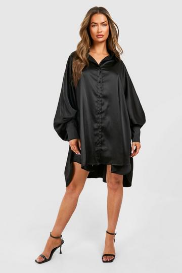 Black Satin Oversized Batwing Balloon Sleeve Shirt Dress