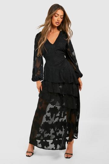 Burnout Floral Frill Detail Maxi Dress black