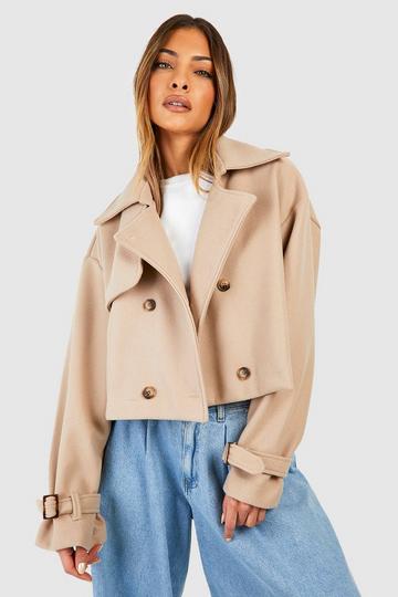 Wool Look Cropped Trench Coat stone