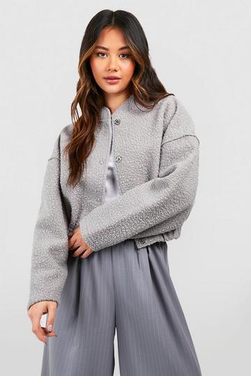 Grey Oversized Crop Wool Look Bomber Jacket