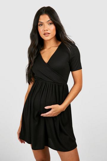 Black Maternity Soft Rib V Neck Smock Dress