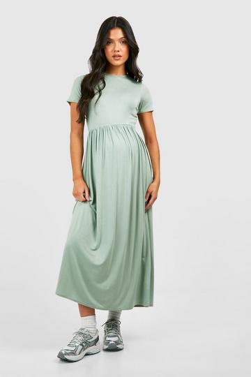 Sage Green Maternity Jersey Knit Smock Midi Dress