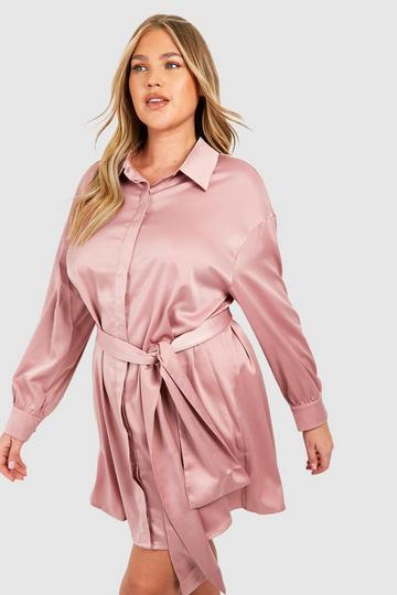 Blush Pink Plus Satin Tie Belt Shirt Dress