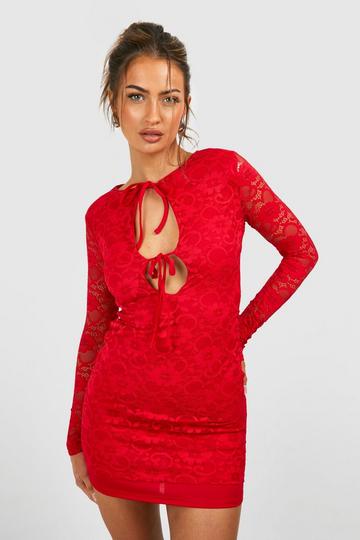 Cut Out Tie Front Lace Mini Dress red
