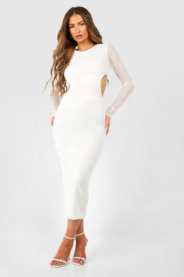 Cut Out Long Sleeve Ruched Mesh Midi Dress white