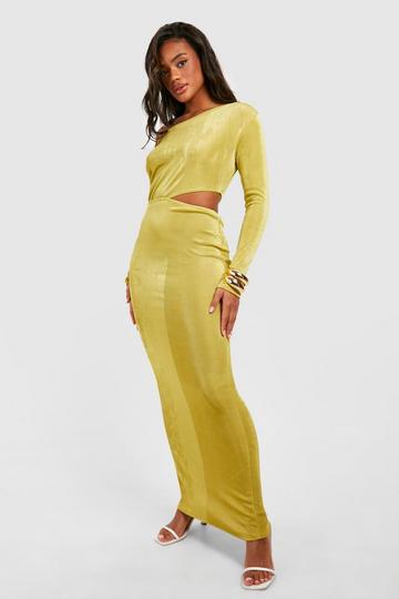 Olive Green Slash Neck Ruched Acetate Slinky Cut Out Maxi Dress