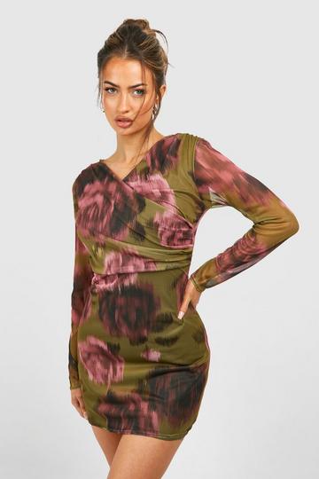 Olive Green Mesh Cross Over Floral Ruched Mini Dress