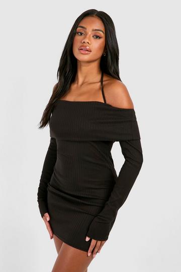 Halterneck Bardot Brushed Rib Mini Dress black