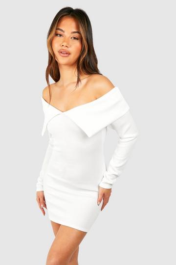 Aurelia Handkerchief Hem Ruched Bardot Mini Dress in White