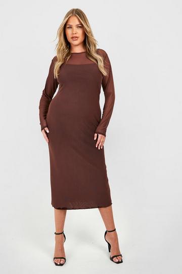 Chocolate Brown Plus Sheer Mesh Contrast Midaxi Dress