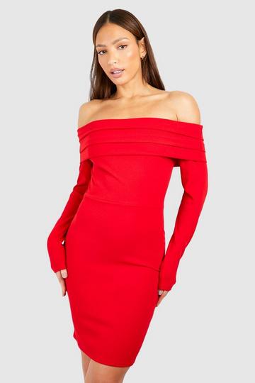 Red Tall Crepe Ruched Bardot Mini Dress