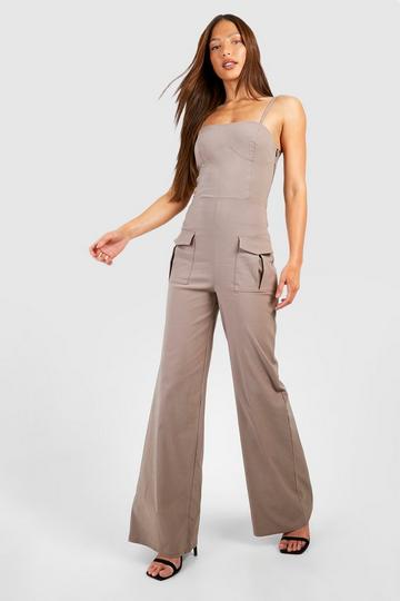 Tall Corset Detail Cargo Straight Leg Jumpsuit taupe