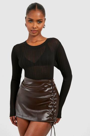 Lace Up Faux Leather Mini Skirt chocolate