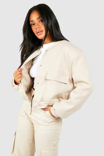 Cream White Pocket Detail Wool Look Bomber Jacket