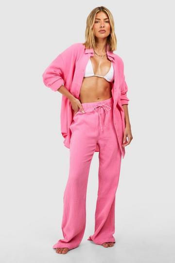 Crinkle Cotton Wide Leg Beach Trousers pink