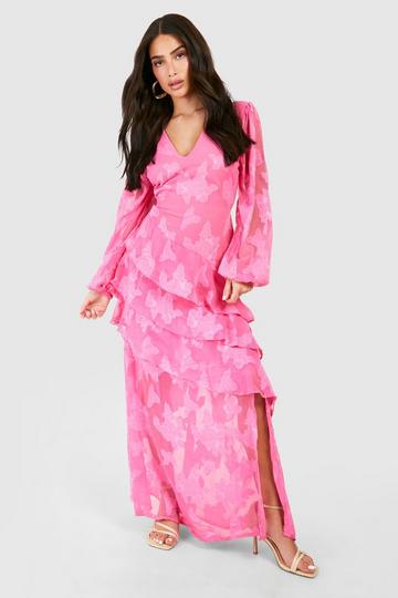 Petite Burnout Floral Frill Detail Maxi Dress pink