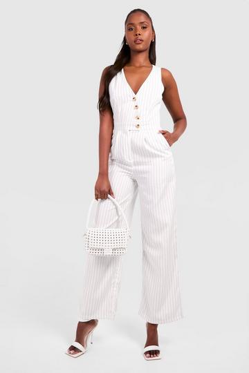 White Pinstripe Waistcoat Detail Petite Playsuits & Jumpsuits