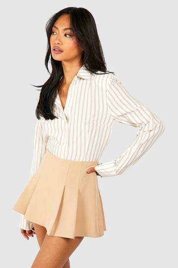 Cream White Stripe Cinched Waist Shoulder Pad Shirt
