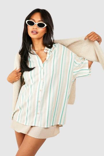 Multi Stripe Linen Oversized Short Sleeve Shirt stone