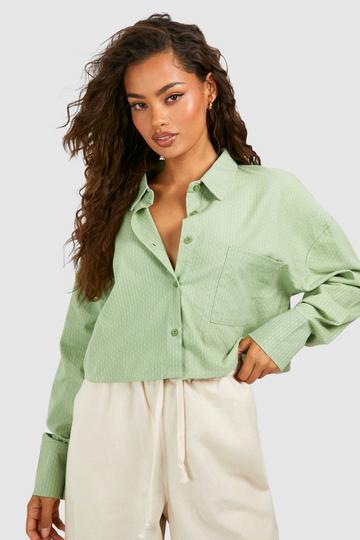 Striped Boxy Crop Textured Shirt olive