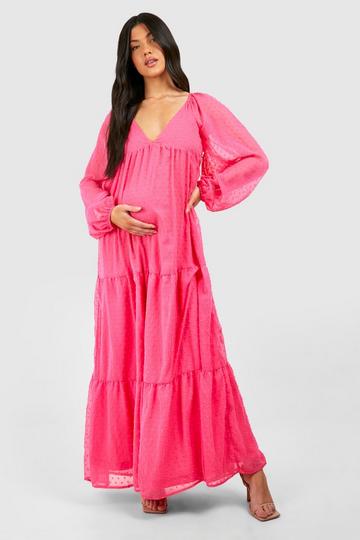 Maternity V Neck Tiered Dobby Maxi Dress pink