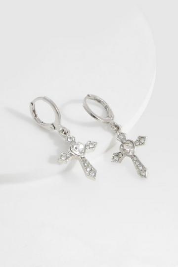 Silver Cross Pendant Hoop Earrings